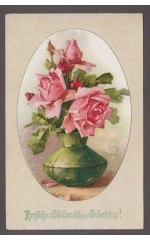 Herzlichen Glückwunsch zum Geburtstage - róże w zielonym wazonie
