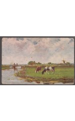 Krajobraz wiejski z dwoma krowami i wiatrakiem  Art Postcard